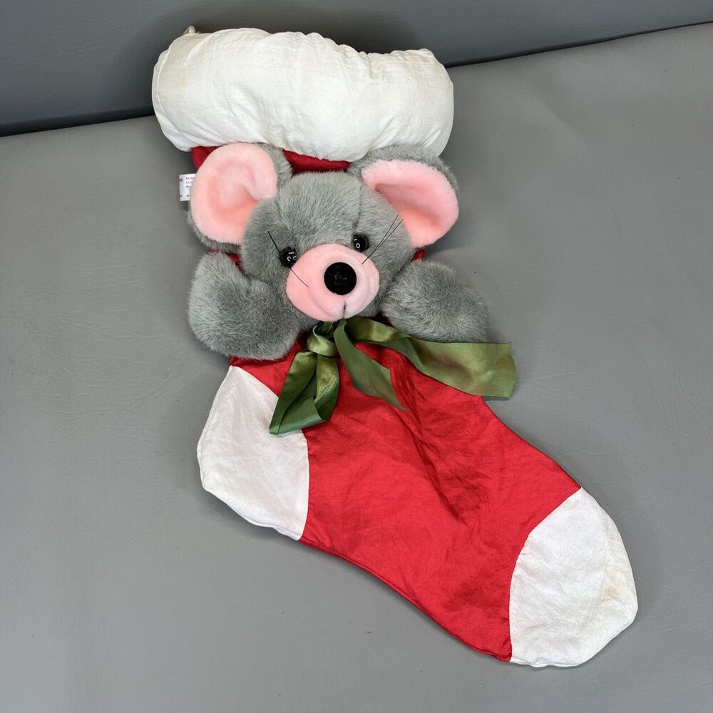 Vintage 1989 Fiesta Nylon Parachute Gray Mouse Plush Christmas Stocking Puffy 3D